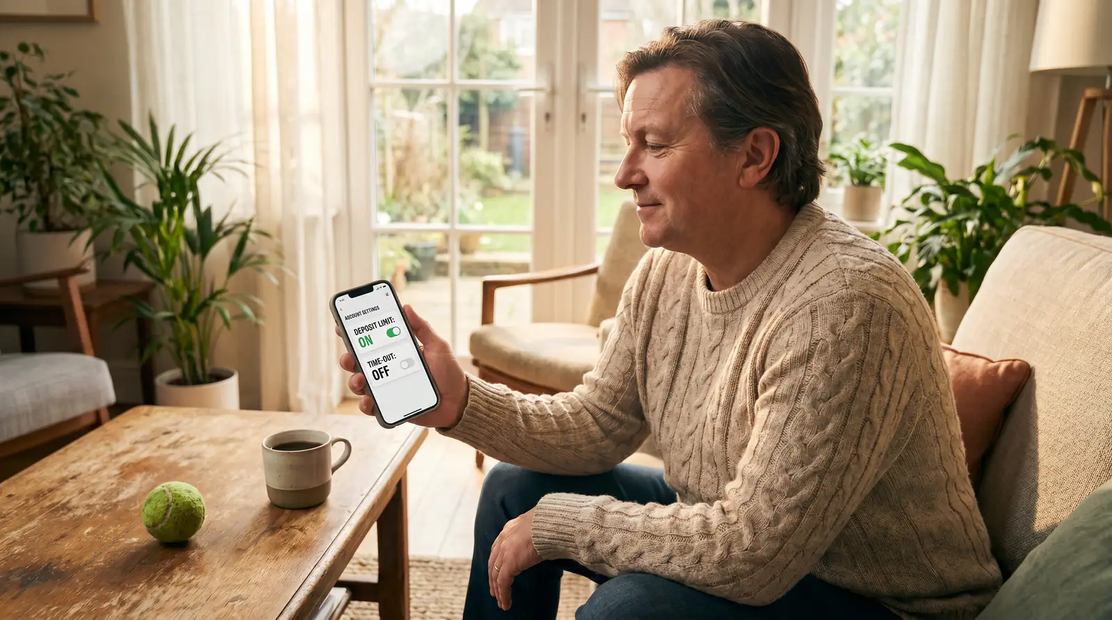 Person calmly setting deposit limits in a betting app on a phone in a relaxed home setting