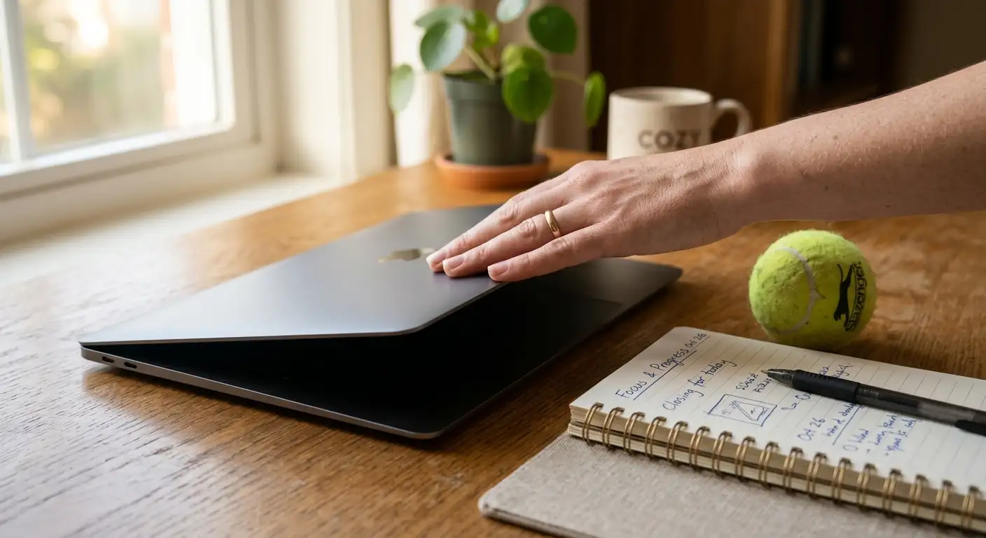A hand closing a laptop deliberately, illustrating self-exclusion as a step of strength