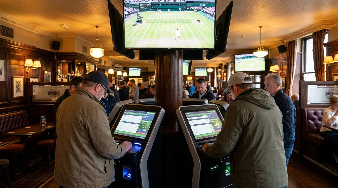 Punters at self-service terminals during a match, illustrating online dominance of the market