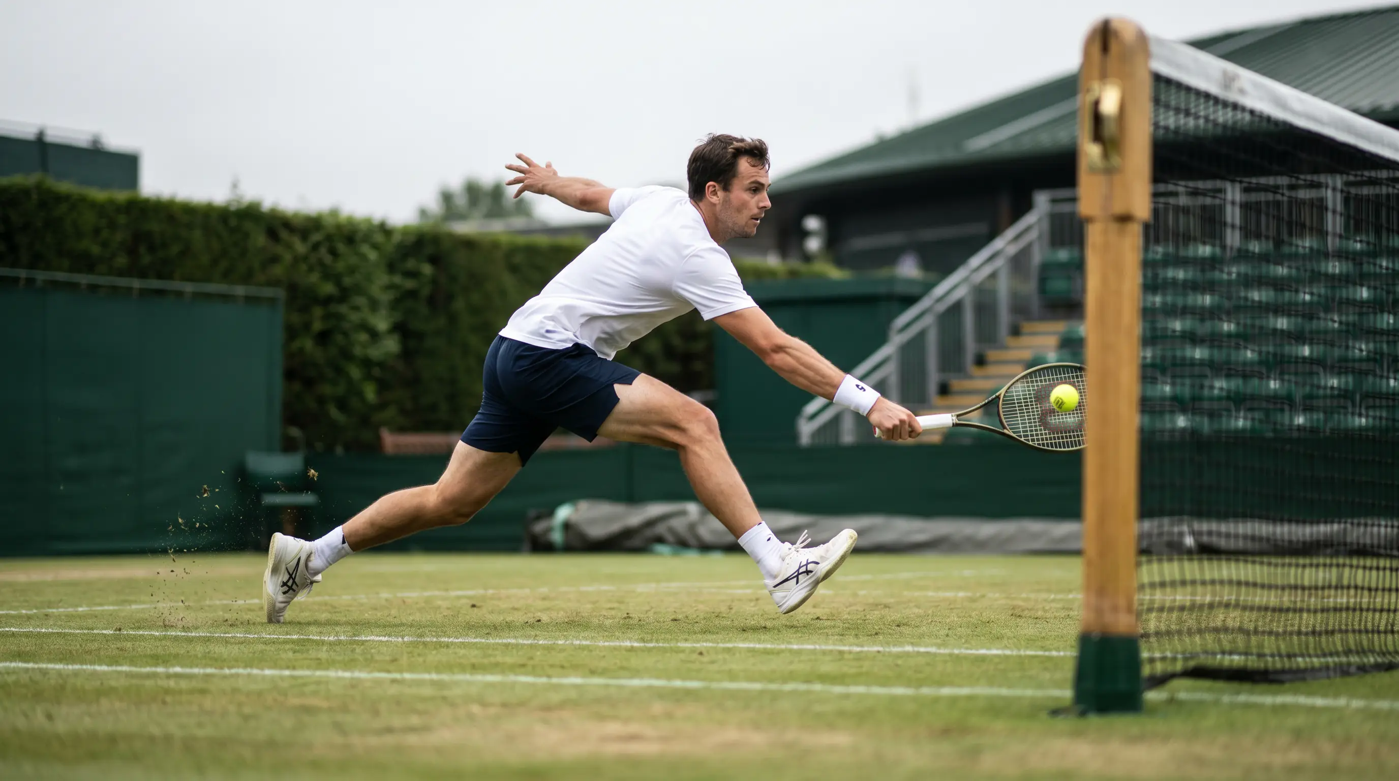 A player charging the net to volley behind a serve, illustrating the serve-and-volley archetype
