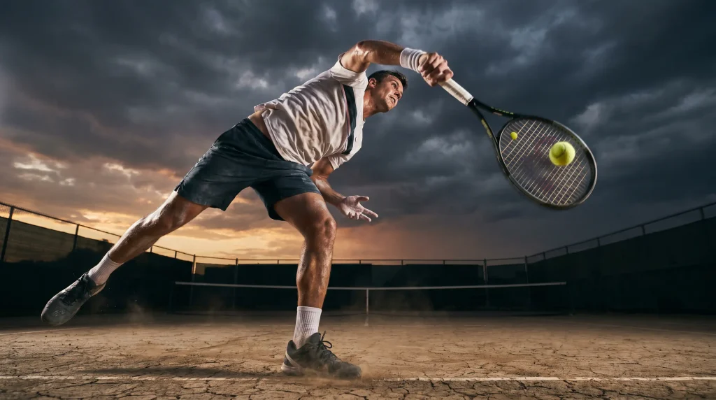 Server striking a powerful first serve on a hard court, illustrating serve hold rates in tennis betting