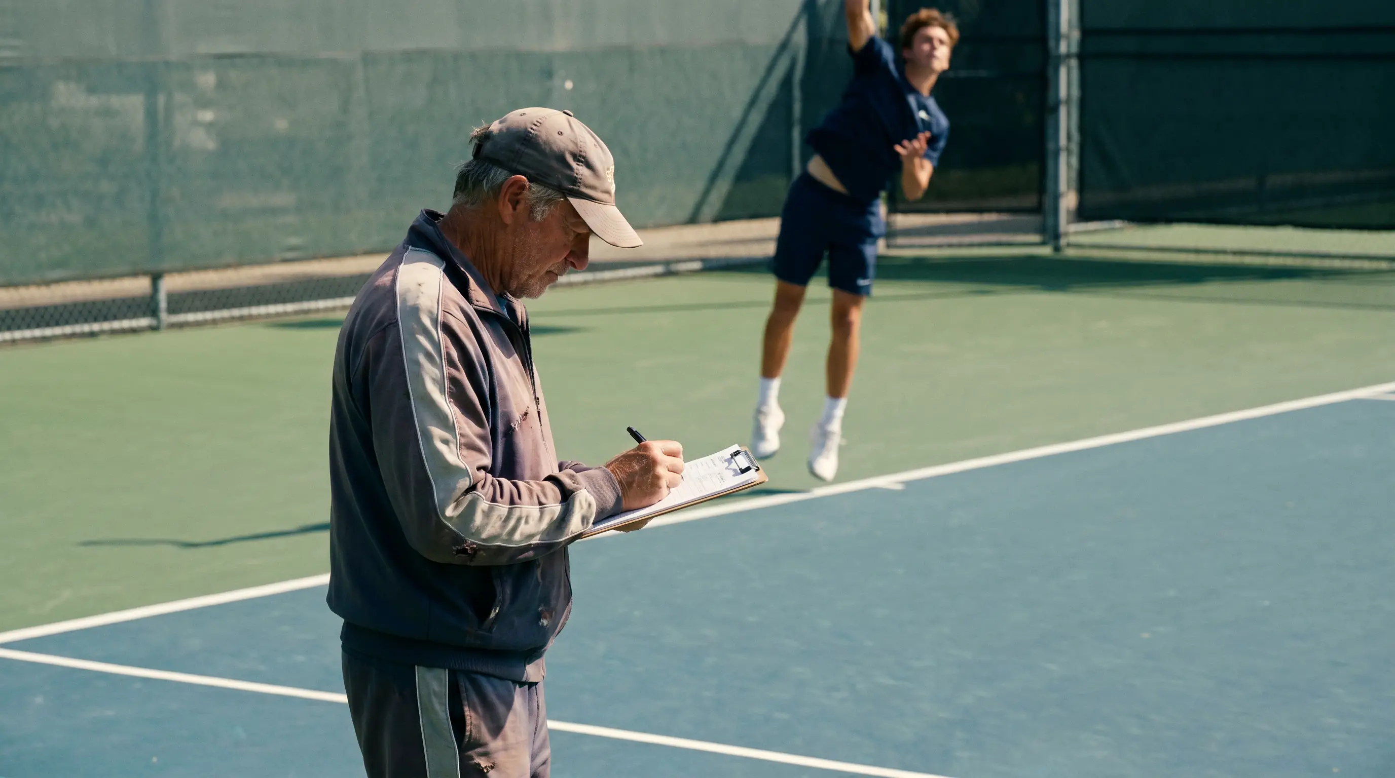 A coach reviewing serve notes courtside, illustrating the integrity caveat on serve statistics