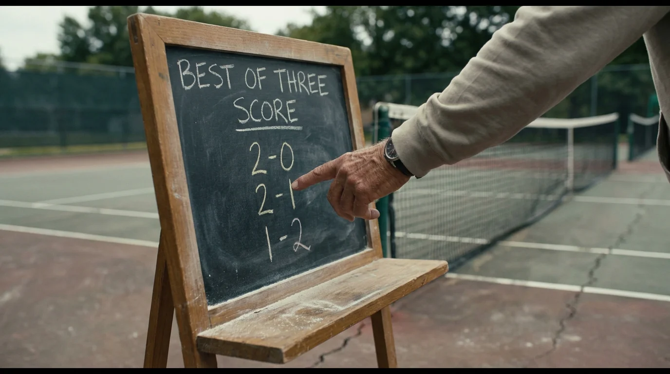 Three best-of-three scorelines chalked on a board, showing which results a +1.5 set handicap covers