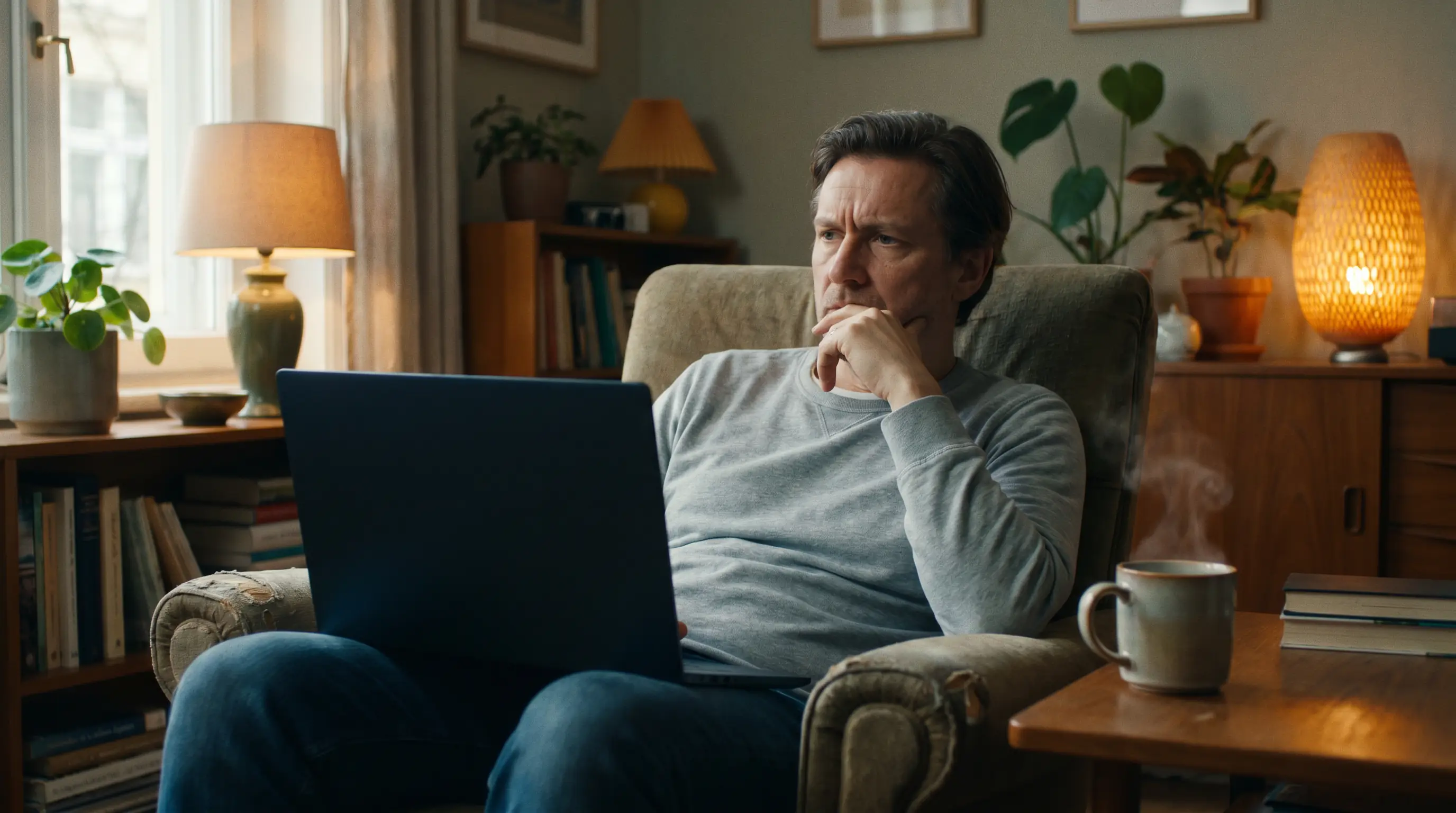A pensive person stepping back from a screen, illustrating recognising the signs of losing control