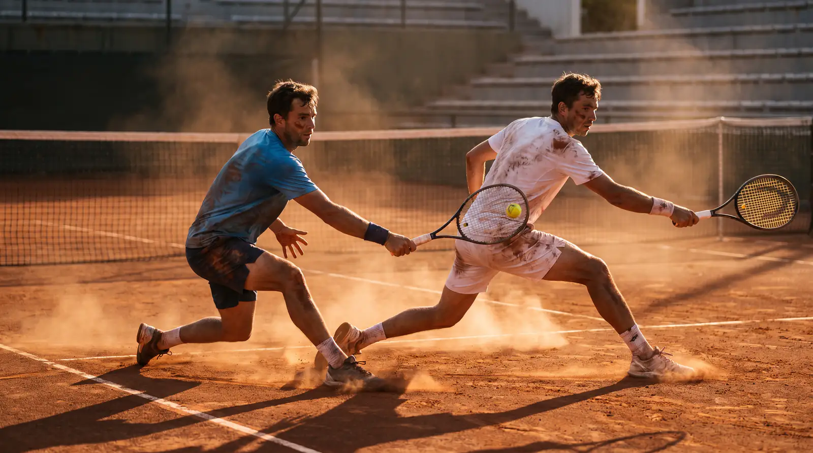 A gruelling clay rally late in a match, illustrating lower hold rates on slow surfaces in deciders