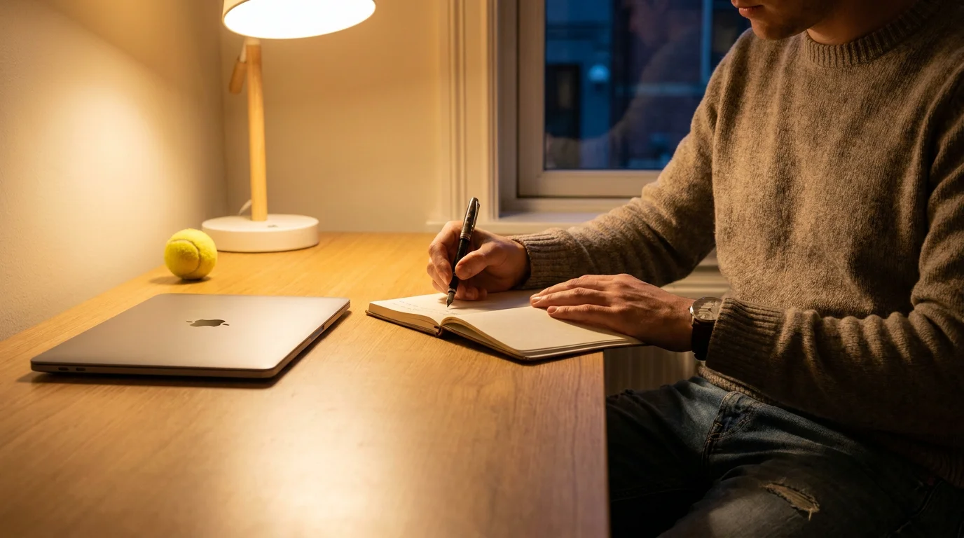 Bettor calmly logging every wager in a record book to stay disciplined