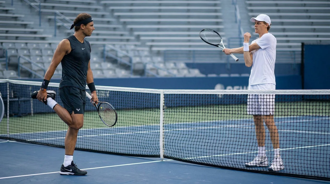 Two players warming up, contrasting a surface specialist with an all-rounder