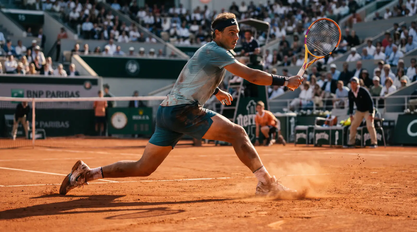 A clay specialist sliding into a shot, illustrating the surface wrinkle at tour level