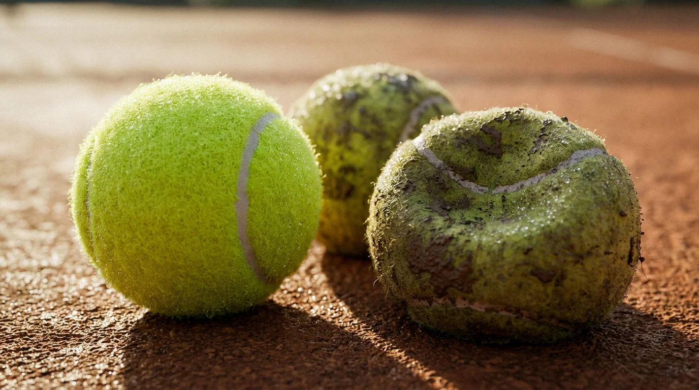 New and worn tennis balls side by side, illustrating how the balls change how fast a court plays