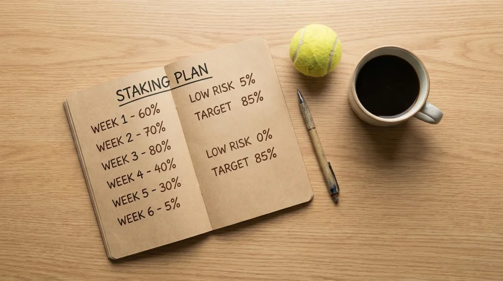 A staking plan notebook beside tennis betting figures showing unit sizes and bankroll discipline