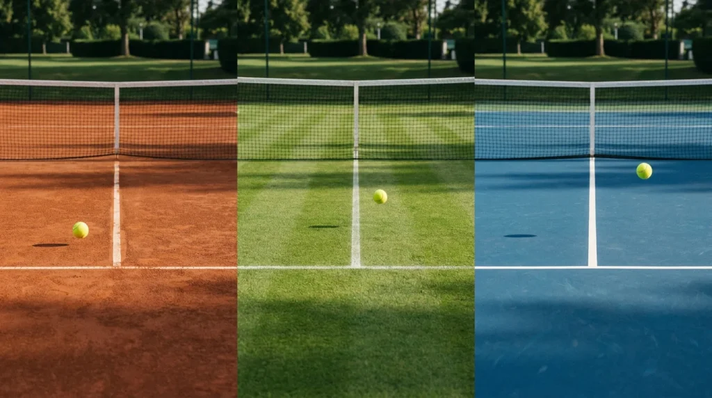 Side-by-side clay, grass and hard tennis courts showing how surface changes serve and bounce