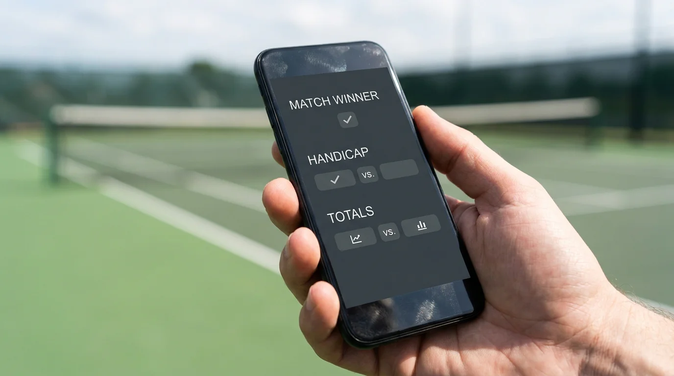 Tennis betting screen on a phone showing match-winner, handicap and totals markets side by side