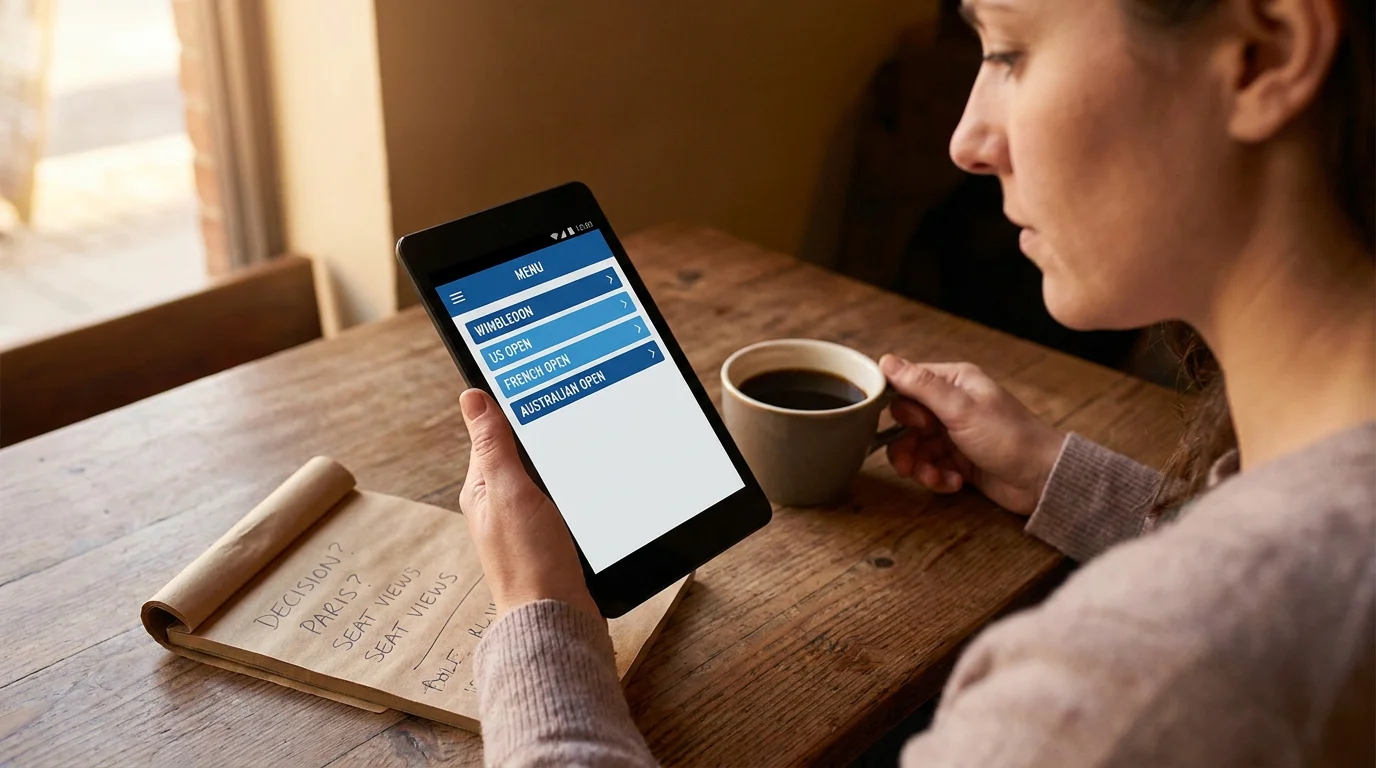 Bettor reviewing several tennis match markets on a tablet beside a notepad