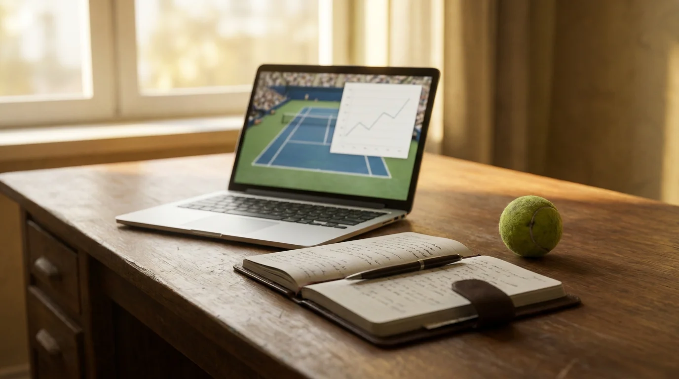 Analyst's desk showing tennis odds, surface hold-rate charts and implied-probability calculations