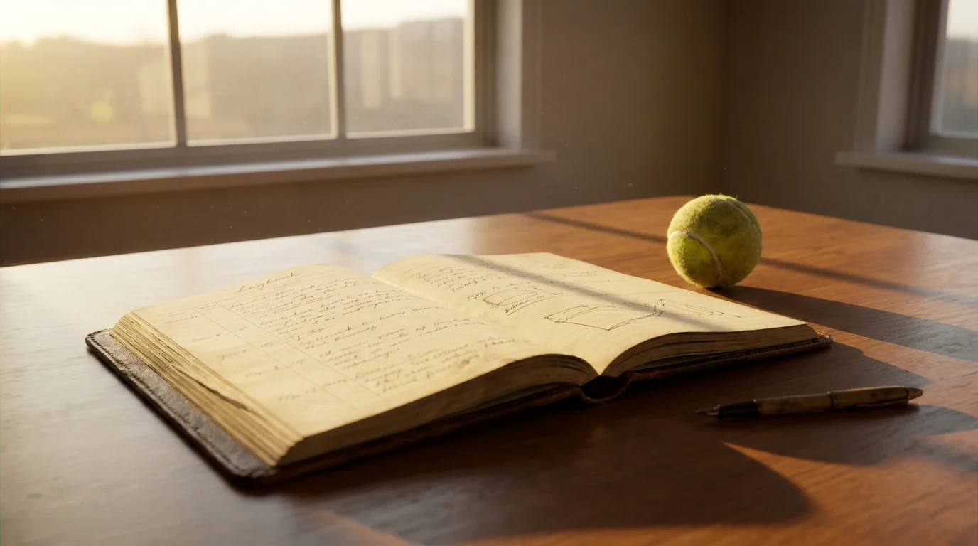 Neatly kept betting logbook beside a tennis ball, illustrating how to keep a tennis betting tracker