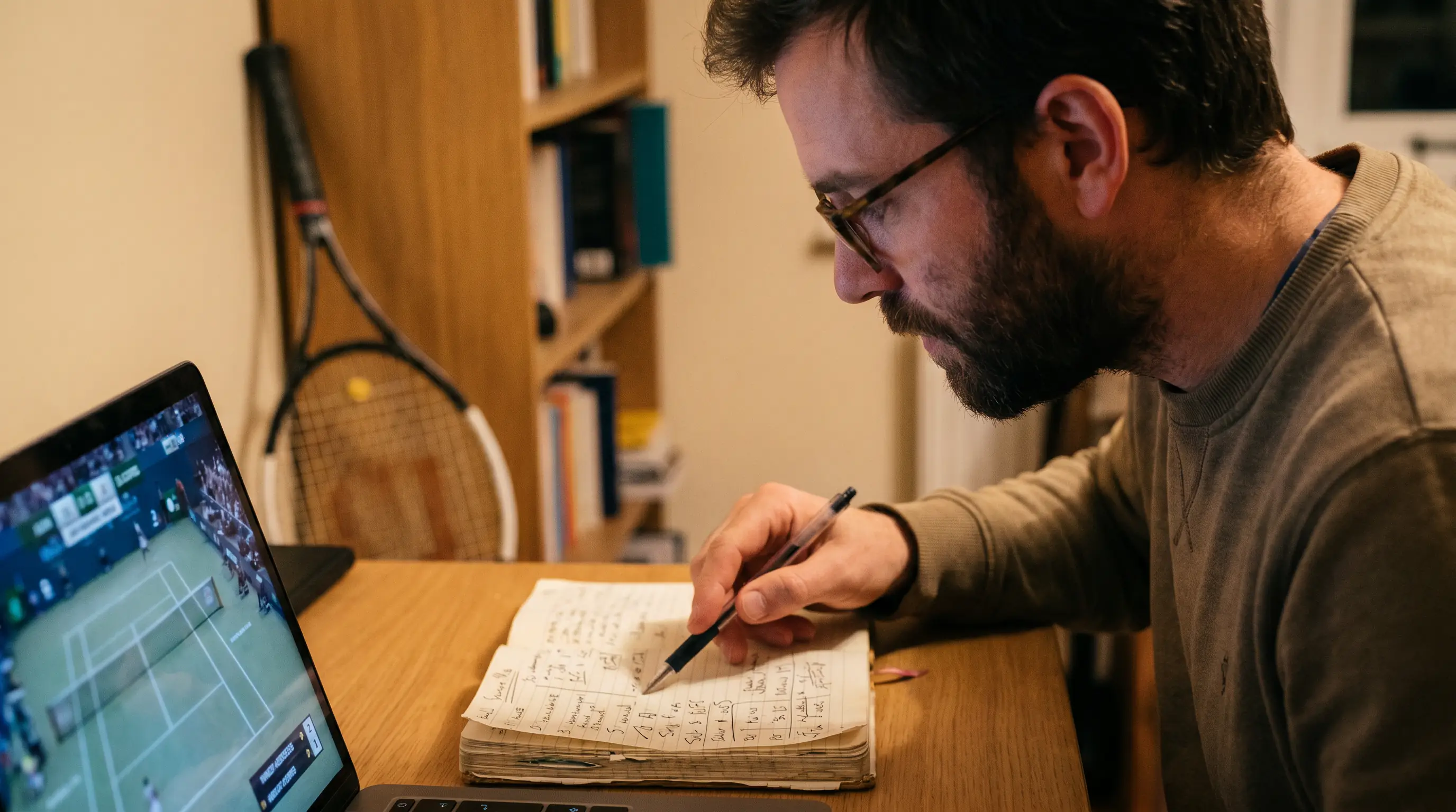 Analyst comparing tennis match odds against a fair-price model on a laptop and notebook