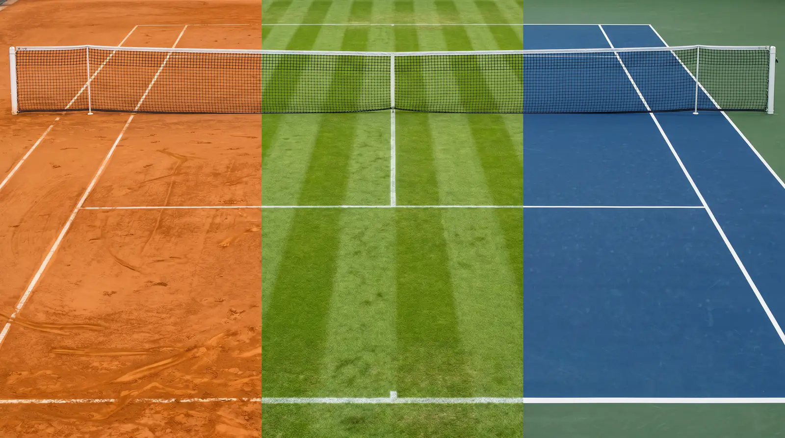Side-by-side clay, grass and hard tennis courts showing different surface colours and textures