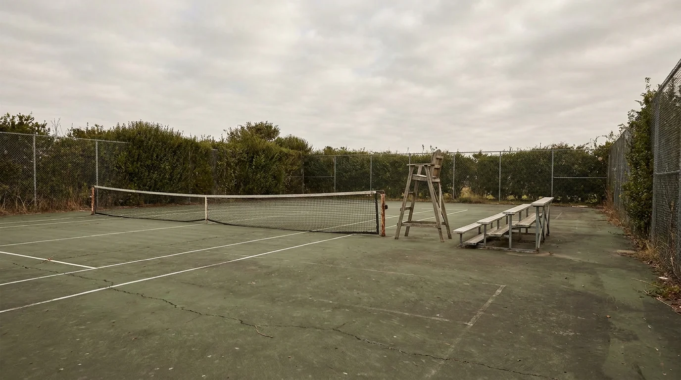 Empty lower-tier tennis court with sparse seating where integrity risk concentrates