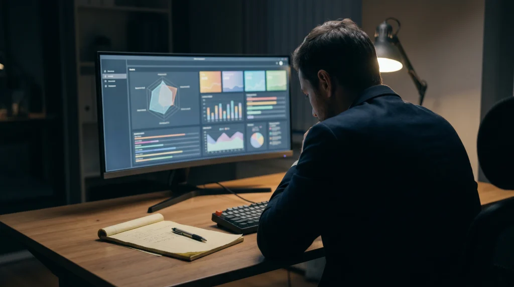 An integrity analyst reviewing suspicious betting alert data across professional tennis matches