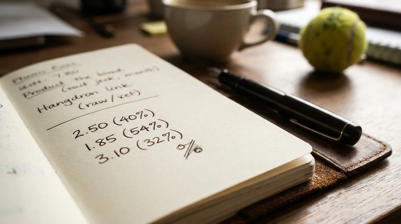 Notebook showing decimal odds converted to implied probability percentages with a pen