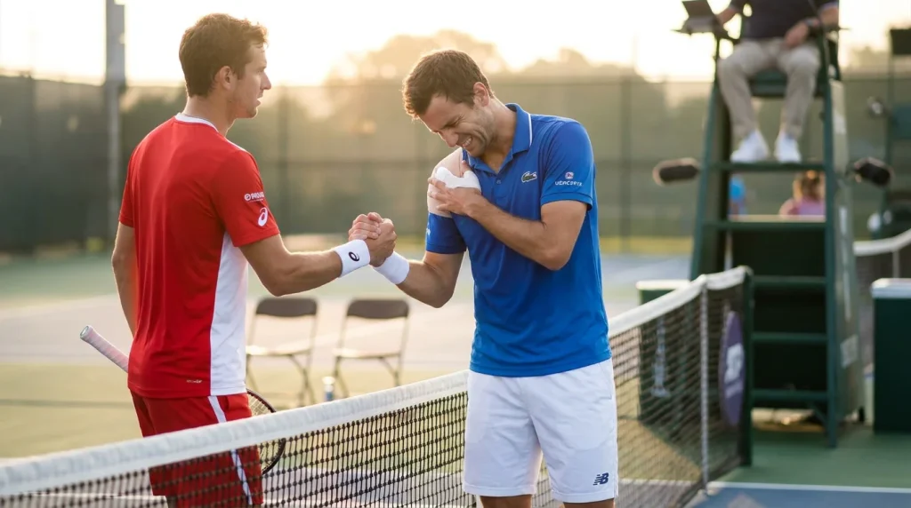 Injured tennis player shaking hands at the net after retiring mid-match, illustrating how retirement affects bet settlement