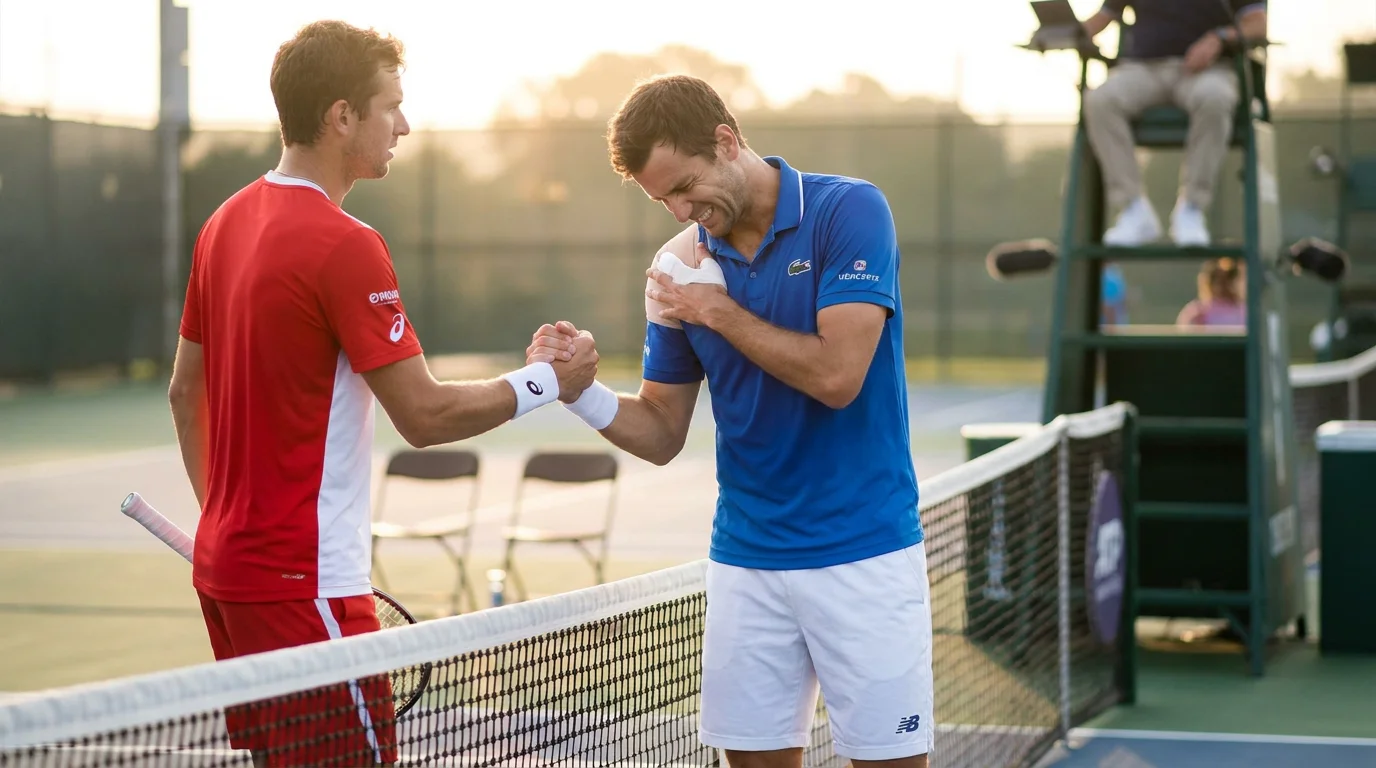 Injured tennis player shaking hands at the net after retiring mid-match, illustrating how retirement affects bet settlement