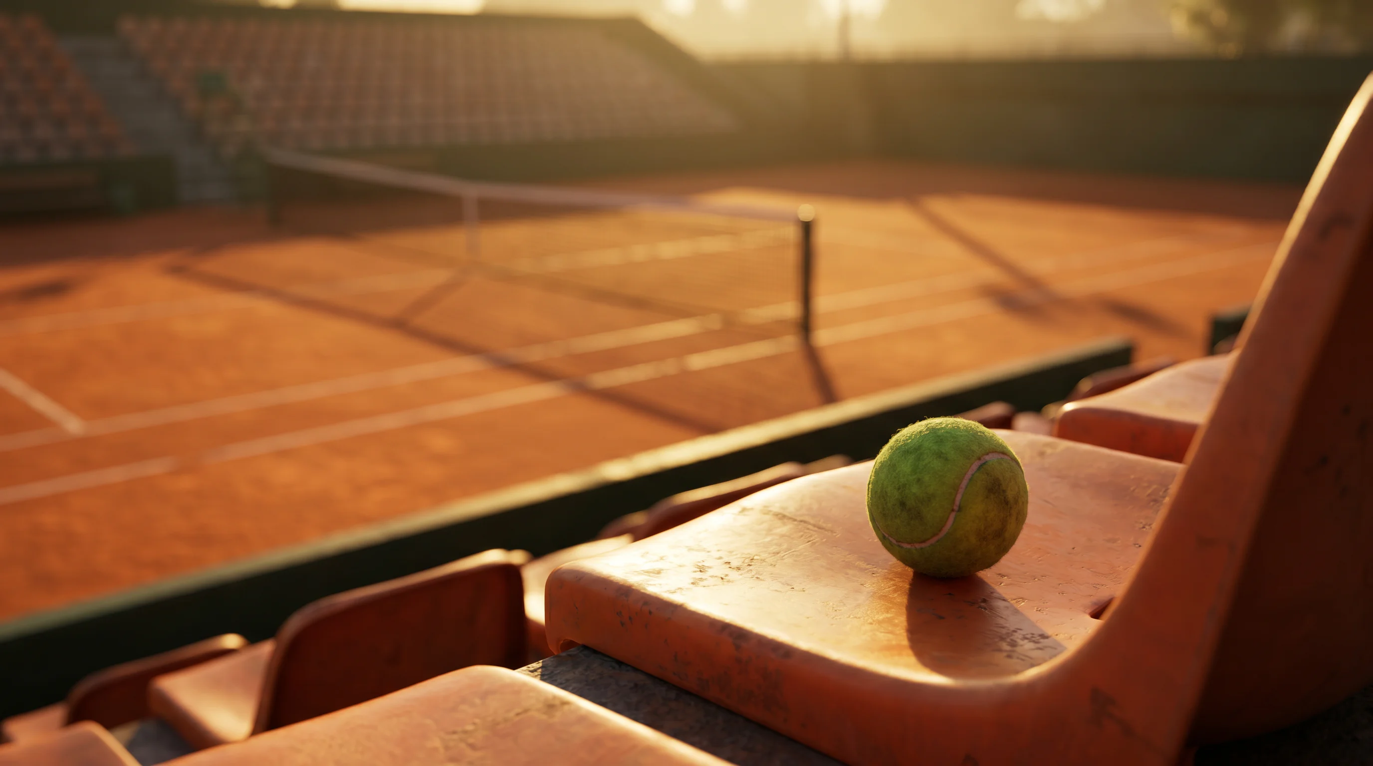 A tennis ball resting on a stadium seat overlooking the court, evoking tennis's slice of the market