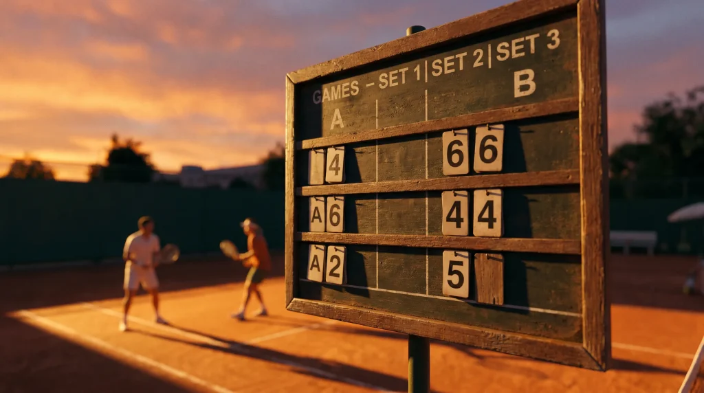 Scoreboard tallying games across sets, illustrating tennis total games over/under betting