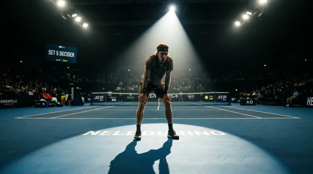 Tense deciding set on a floodlit court with live prices shifting, illustrating the third-set live betting system