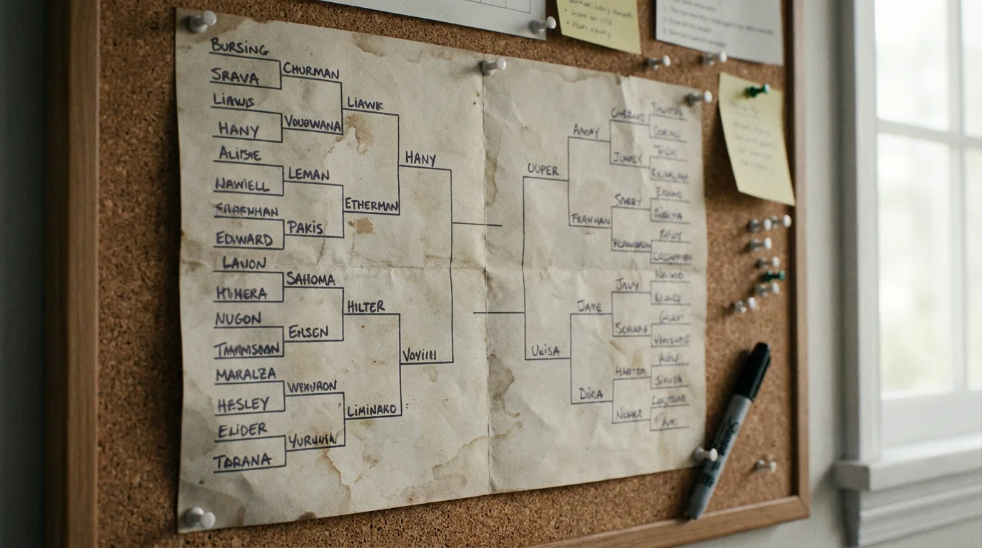 A printed tournament draw bracket pinned to a board, illustrating how the draw shapes an each-way bet