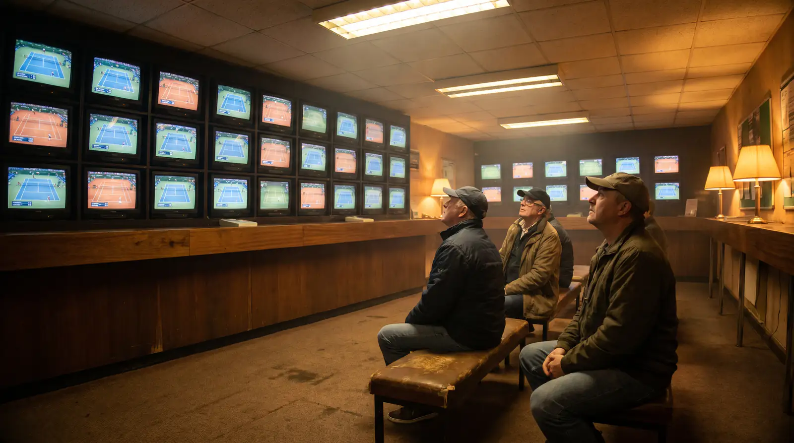 A busy betting shop screen wall during a major, illustrating deep liquidity and generous limits