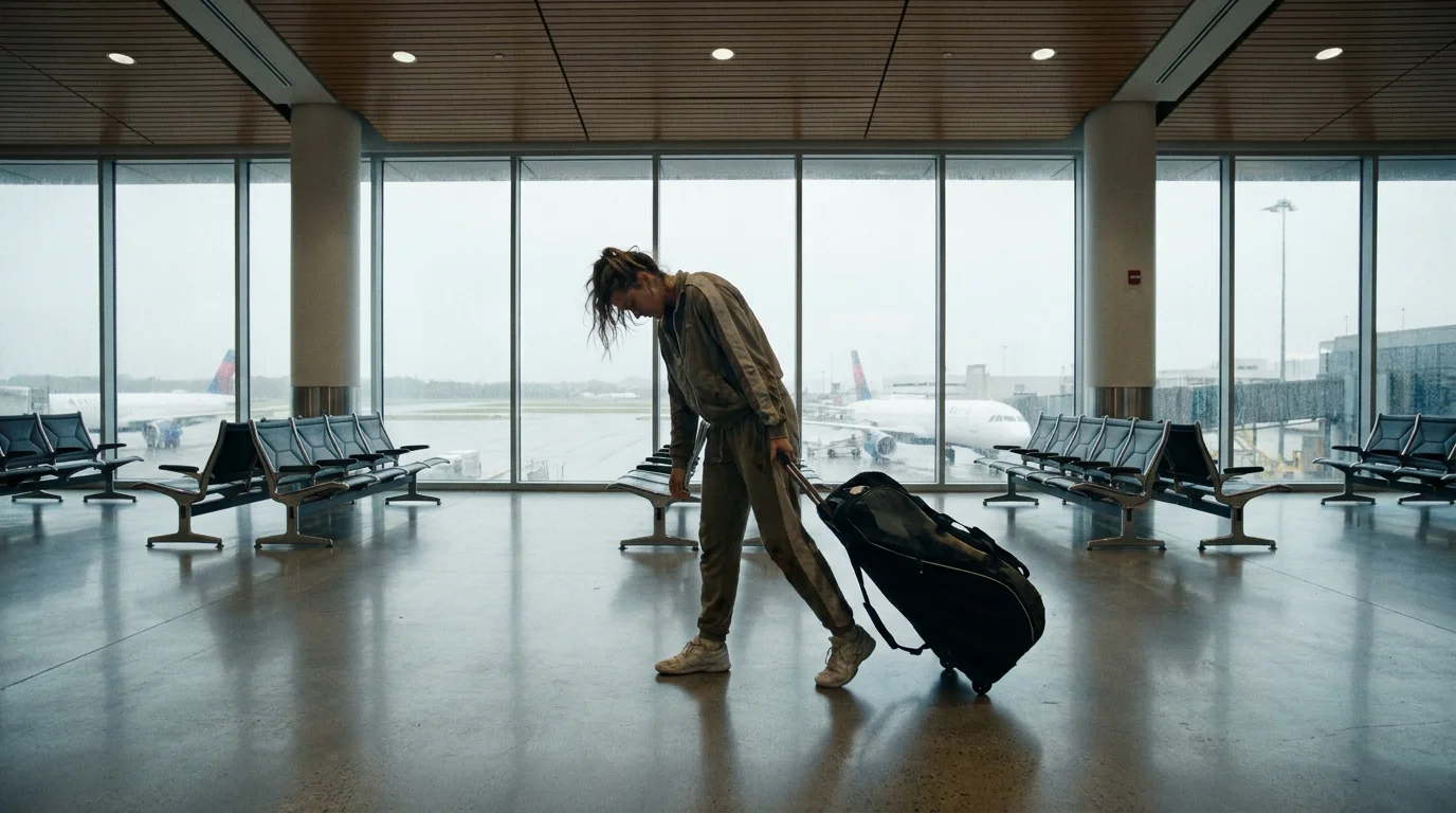 A player with a kit bag in an airport terminal, illustrating travel and time-zone fatigue