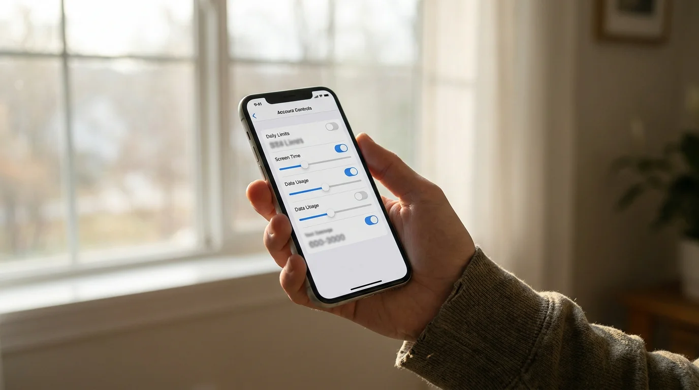 A phone showing deposit-limit and time-out settings, illustrating UK safer-betting tools