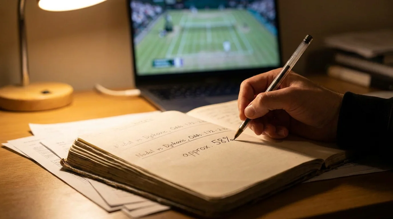Hand writing a probability estimate beside a tennis match odds line in a notebook