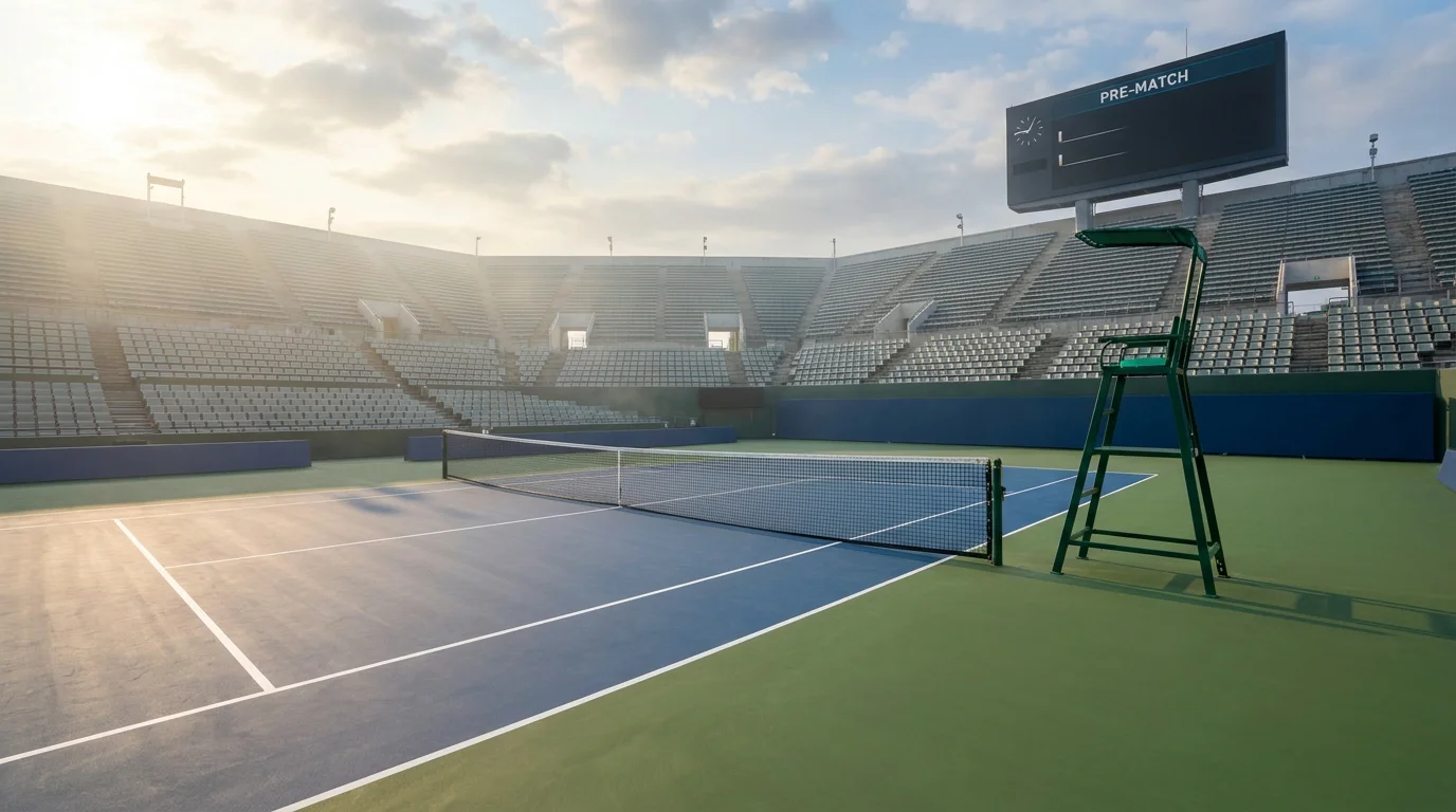 An empty show court before a scheduled match, illustrating a walkover before play begins