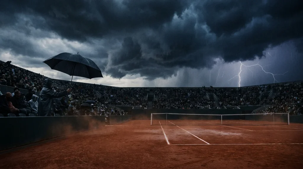 Covers being pulled across a court as rain falls, illustrating weather and rain delays as tennis betting angles