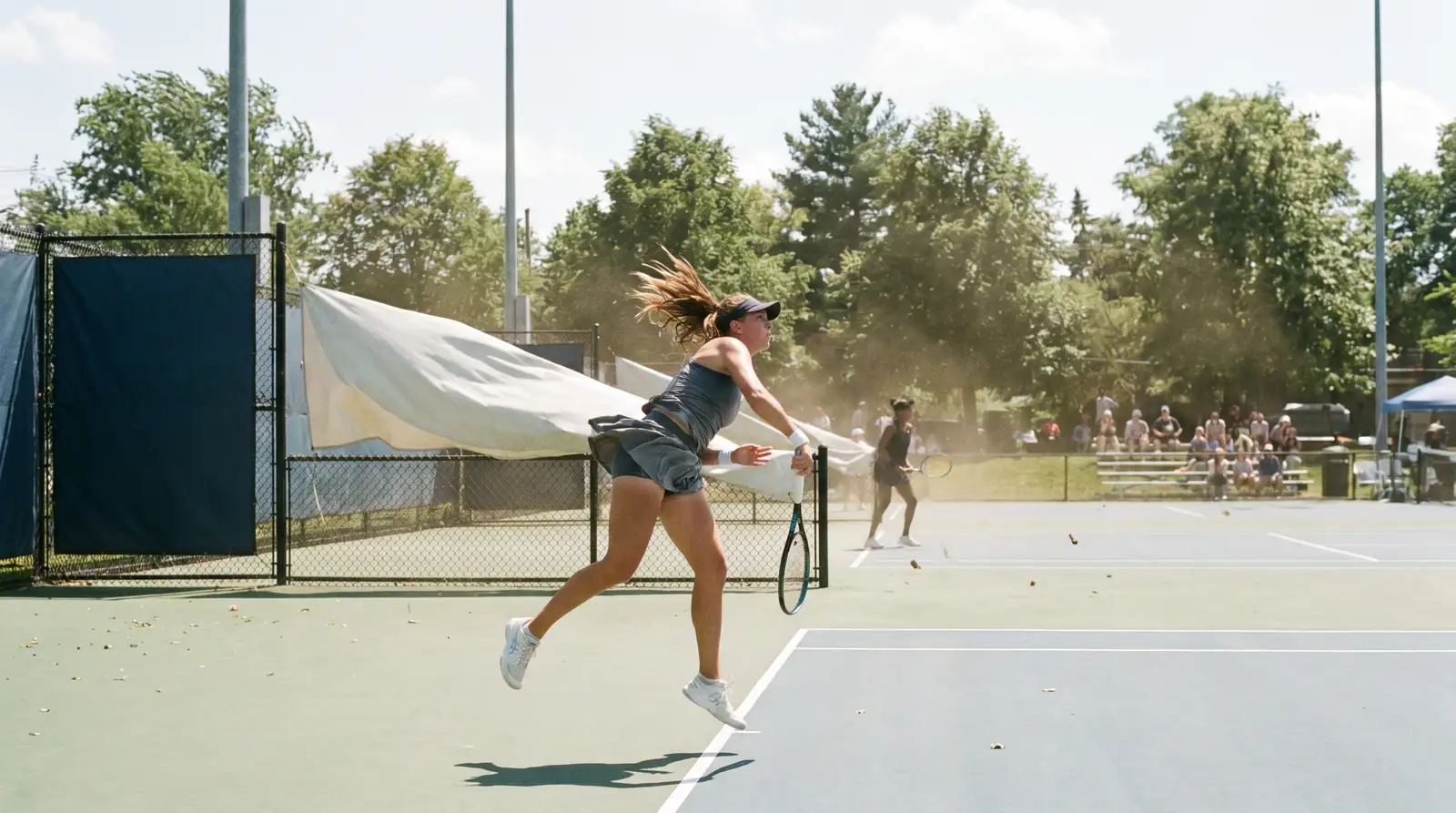 Loose court-side banners blowing in the wind at an outdoor event, illustrating weather effects on speed