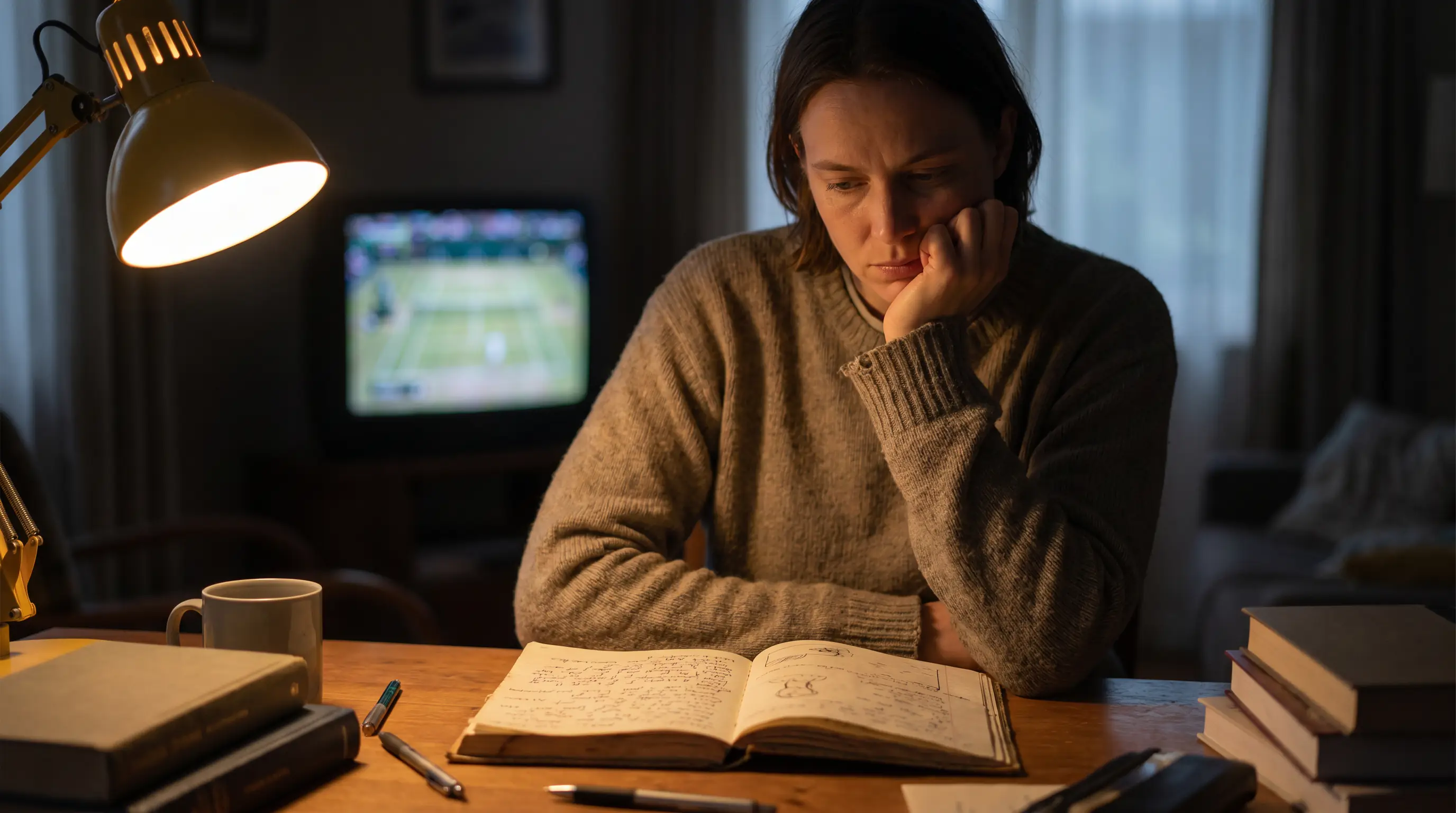 A bettor weighing a stake decision with a notebook open, illustrating a worked Kelly example