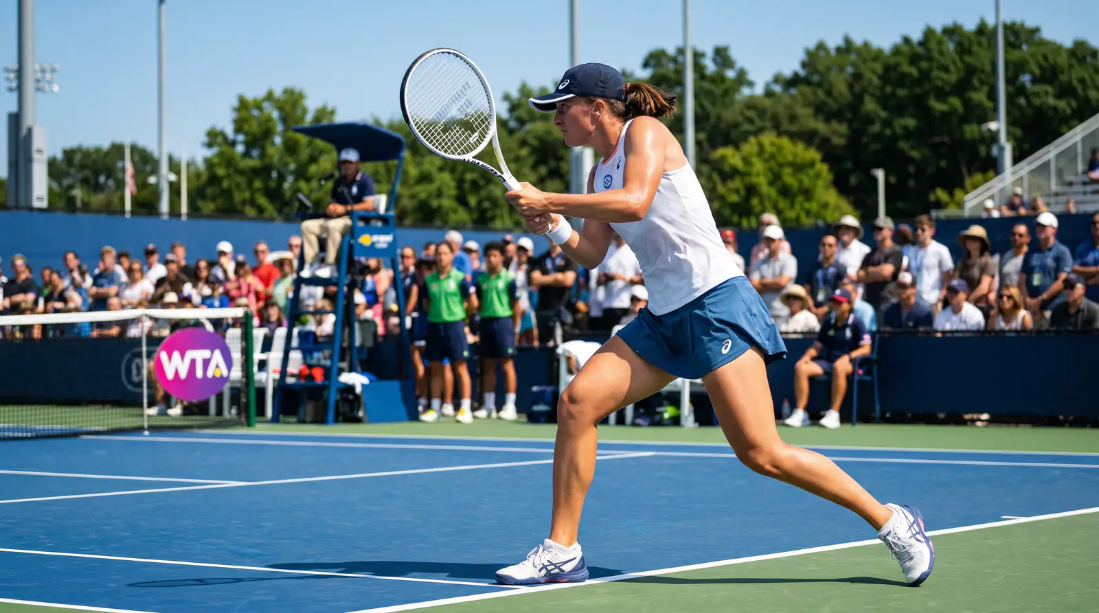 A WTA player anchored in a baseline exchange, illustrating the value of consistency and return